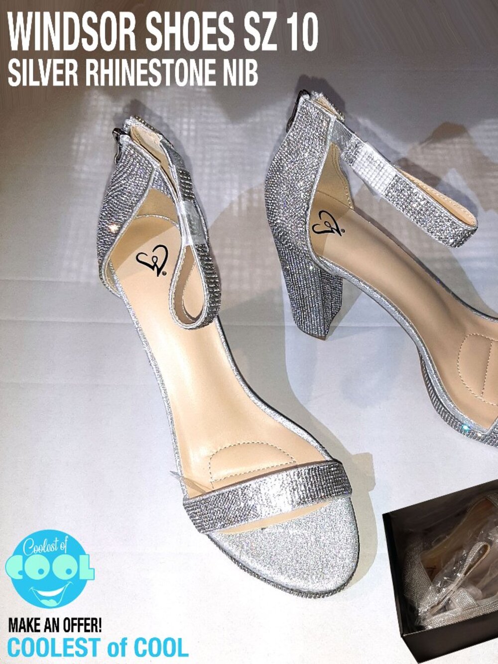 Women's Windsor Size 10 shoes Silver Rhinestone Strappy Block Heel Strap Sandals